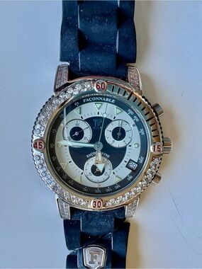 Faconnable Stainless Steel Chronograph Watch with Diamond Bezel and Black Dial